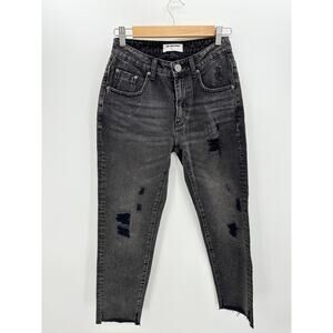 One X OneTeaspoon Womens 26 Black Distressed Straight Leg Raw Hem Jeans BN4